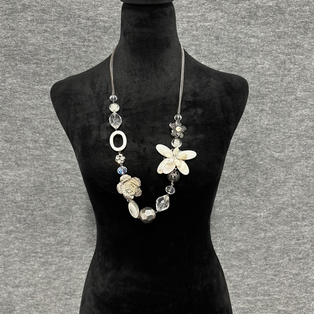 Vintage Statement Flower Necklace Silver Tone Glass Beads Rhinestone
